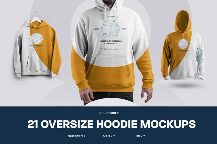21 Mockups Oversize Hoodie 21款时尚运动连帽衫长袖卫衣模型品牌logo标识印花图案设计贴图psd样机素材