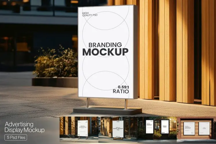 Signboard and Posters Mockup Set 5款户外社区街拍灯箱广告牌导视设计作品展示效果图ps样机素材