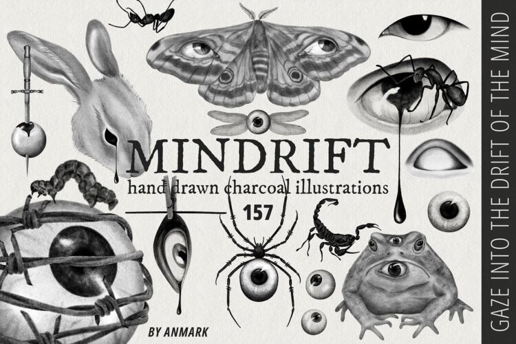 Mindrift. Psychedelic illustrations 157款黑白潮流艺术恐怖迷幻眼睛纹身刺青插画png免抠拼贴图片素材