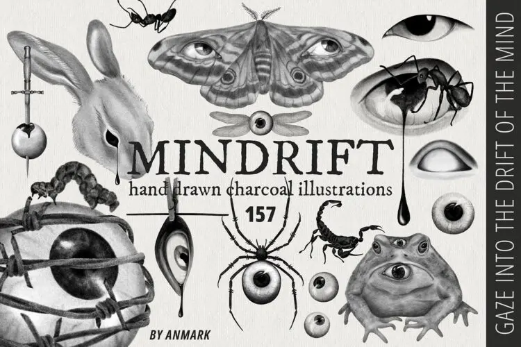 Mindrift. Psychedelic illustrations 157款黑白潮流艺术恐怖迷幻眼睛纹身刺青插画webp免抠拼贴图片素材