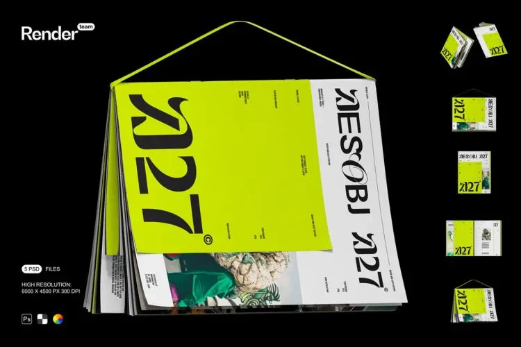 Magazine Mockup Set 5款创意杂志画册品牌手册封面内页设计作品展示效果图ps样机素材