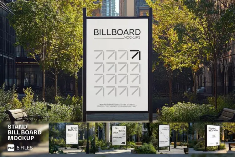 Outdoor Standing Billboard Mockup 5款公园社区户外广告牌海报宣传栏灯箱导视设计展示效果图ps样机
