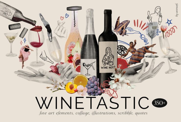 Winetastic. Collage & Illustrations 时尚艺术葡萄酒红酒文化复古手绘插画涂鸦拼贴png免抠图片素材