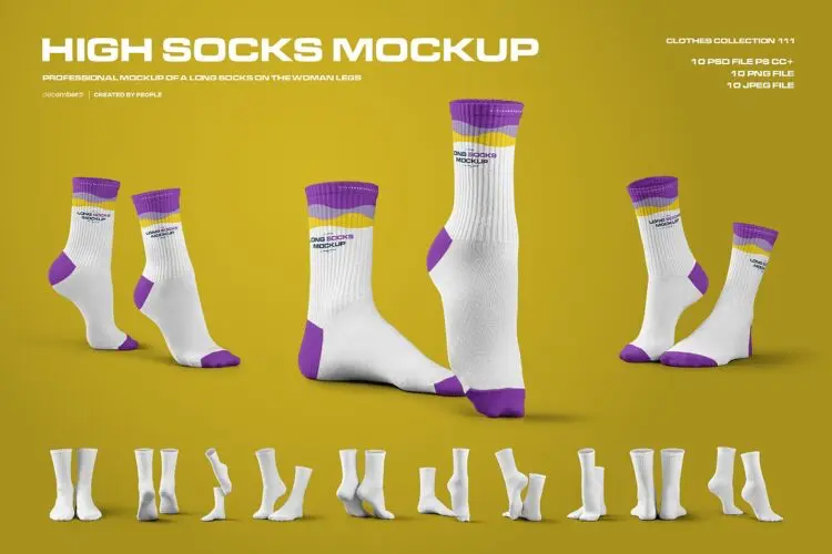 10 Mockups High Socks in the 3D Style 10款冬季保暖运动高筒袜模型展示品牌logo标识设计贴图psd样机素材