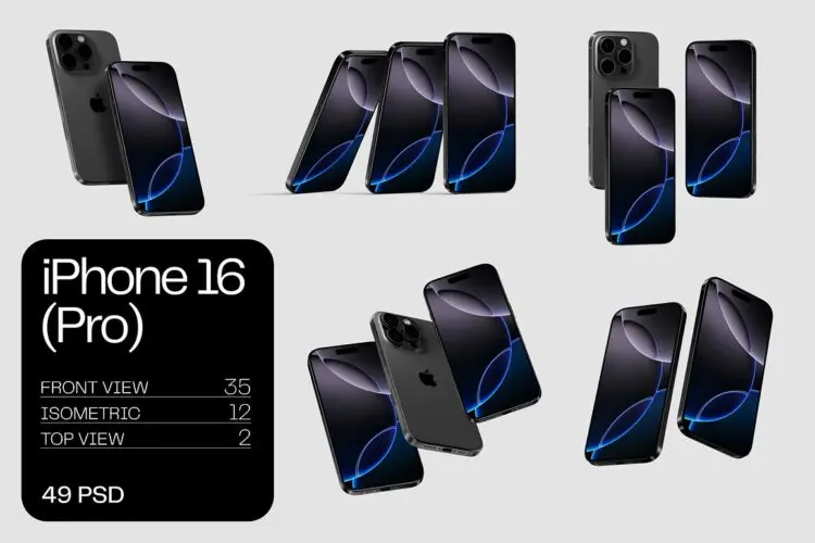 iPhone 16 pro mockups (49 PSD) 49款iPhone 16手机广告海报ui设计作品展示效果图ps样机素材合集