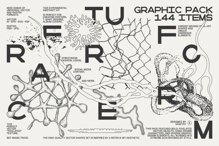 FractureForm Graphic Pack 144款潮流迷幻破碎美学抽象艺术潮牌酸性未来主义插画ai矢量素材