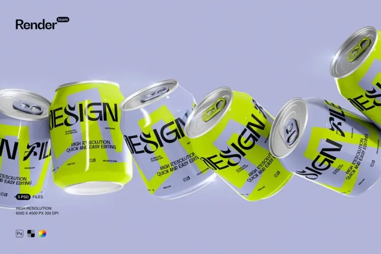 Mini Soda / Beer Can Mockup Set 5款迷你听装饮料汽水苏打水果汁易拉罐产品包装设计ps样机素材