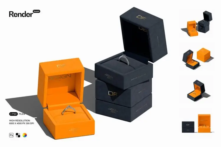 Jewelry Box Mockup Set 4款正方形珠宝钻戒求婚戒指首饰盒包装设计展示效果图ps样机素材
