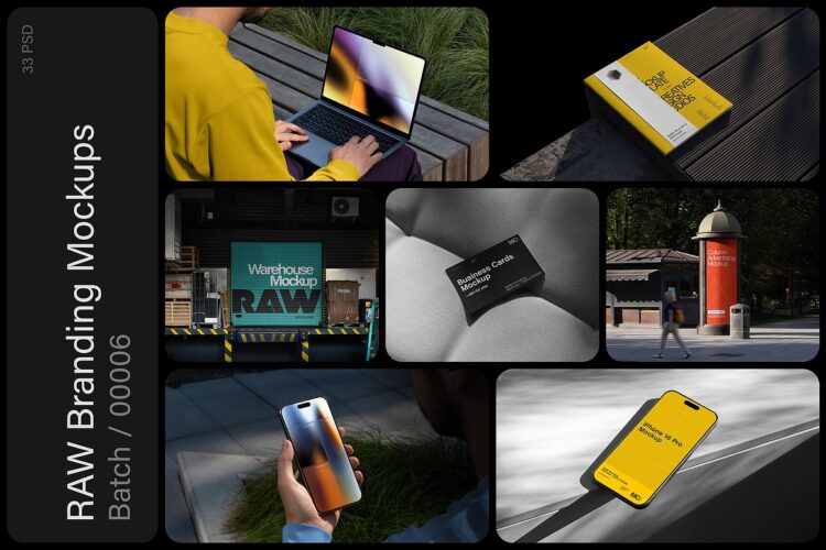 Raw Branding Mockups / Batch 00006 32款工业风户外广告海报画册封面iPhone设计作品展示效果图ps样机