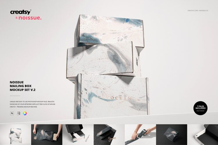 Noissue Mailing Box Mockup Set v.2 7款长方形快递打包纸箱飞机盒纸盒包装设计展示效果图ps样机素材