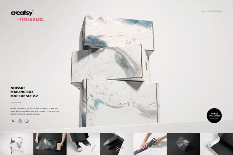 Noissue Mailing Box Mockup Set v.2 7款长方形快递打包纸箱飞机盒纸盒包装设计展示效果图ps样机素材