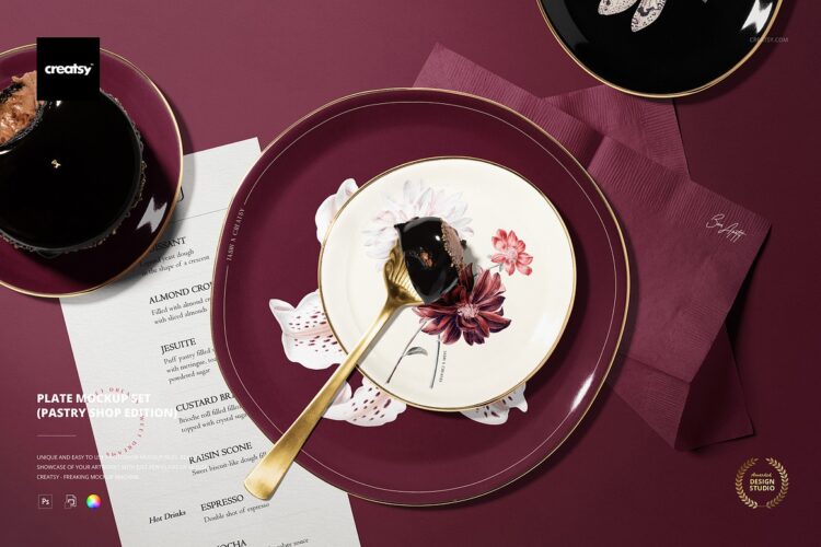 Plate Mockup Set (pastry shop) 16款下午茶餐具甜品西餐碟盘子印花图案设计展示效果图ps样机素材