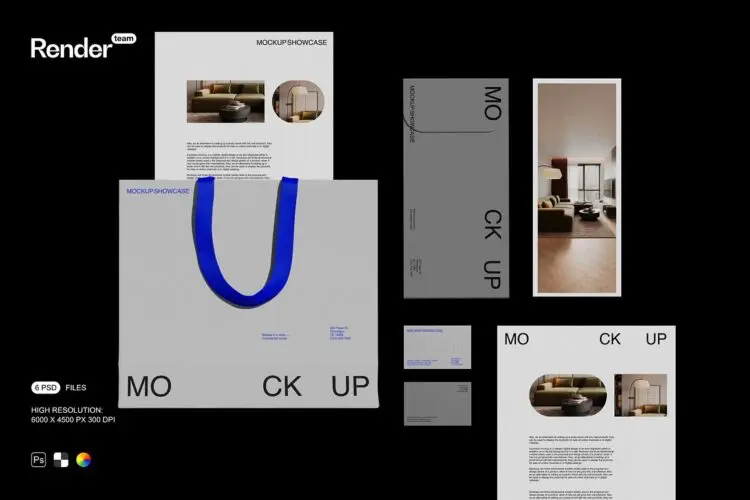 Brand Identity Mockup Set 6款平铺信封信纸名片纸袋品牌VI应用设计作品展示效果图ps样机