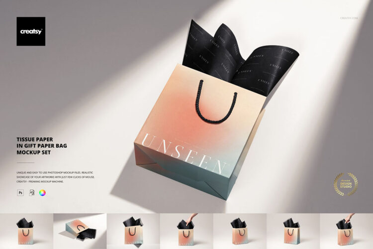 Tissue Paper in Gift Bag Mockup 9款精品购物袋纸袋拎袋包装纸印花图案设计展示效果图ps样机素材