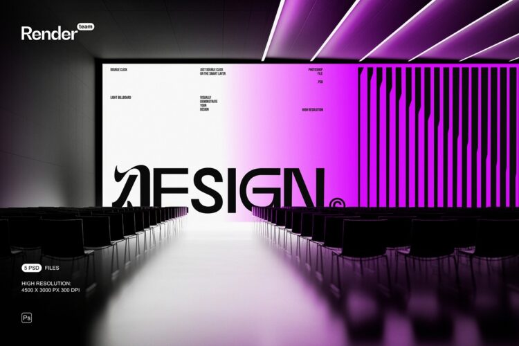 Digital Screen Advertising Mockup 5款逆光LED灯箱横幅大屏幕背景墙广告设计作品展示效果图ps样机
