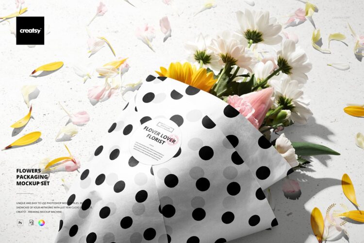Flowers Packaging Mockup Set 7款花店花束花艺鲜花包装纸印花图案纹样设计ps样机展示效果图