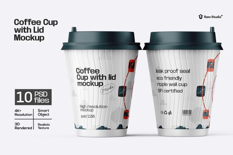 Reusable Coffee Cup Mockup 10款一次性纸杯外卖热饮带盖咖啡杯包装设计展示效果图ps样机素材
