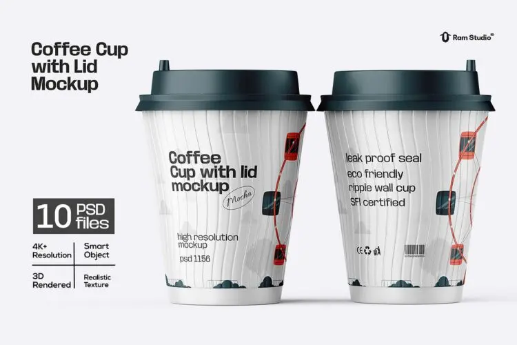Reusable Coffee Cup Mockup 10款一次性纸杯外卖热饮带盖咖啡杯包装设计展示效果图ps样机素材