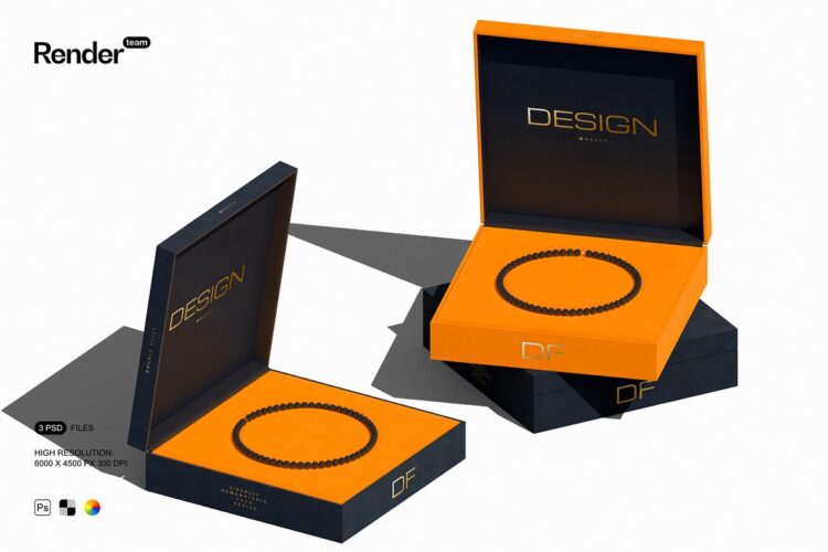 Jewelry Box Mockup Set 3款正方形高级珠宝项链首饰包装盒礼盒设计展示效果图ps样机素材