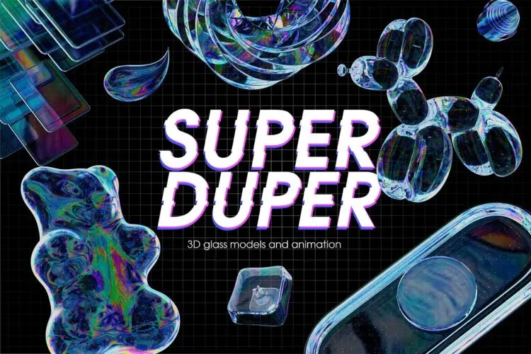 Super Duper 3d models & animation 12款动态3D潮流科幻全息镭射透明玻璃水晶几何图形webp免抠素材