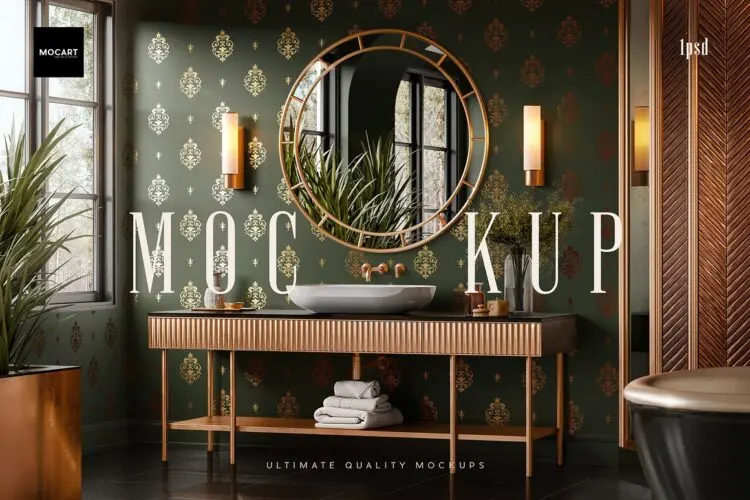 Bathroom Wallpaper Interior Mockup v.2 欧式复古奢华新古典主义浴室墙纸印花图案设计展示效果图ps样机