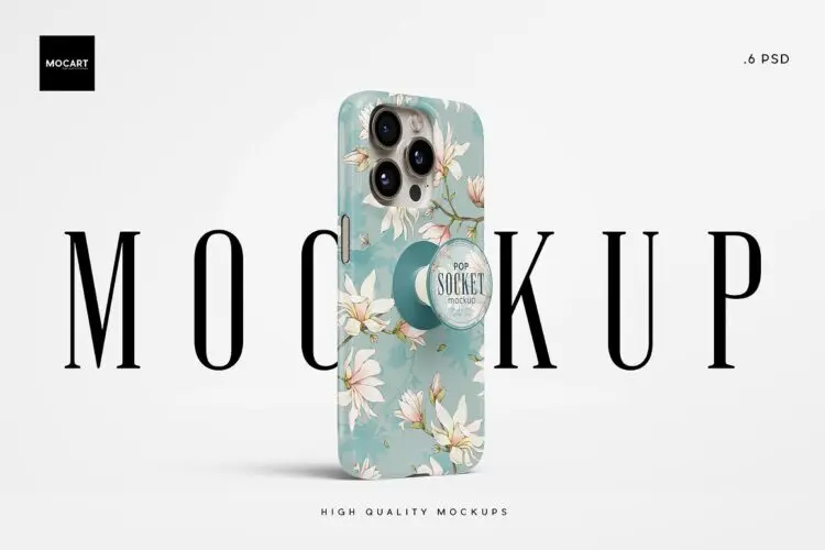 Popsocket + iPhone 15Pro Case Mockup iPhone15 Pro硅胶手机壳伸缩手机支架图案设计展示效果图ps样机