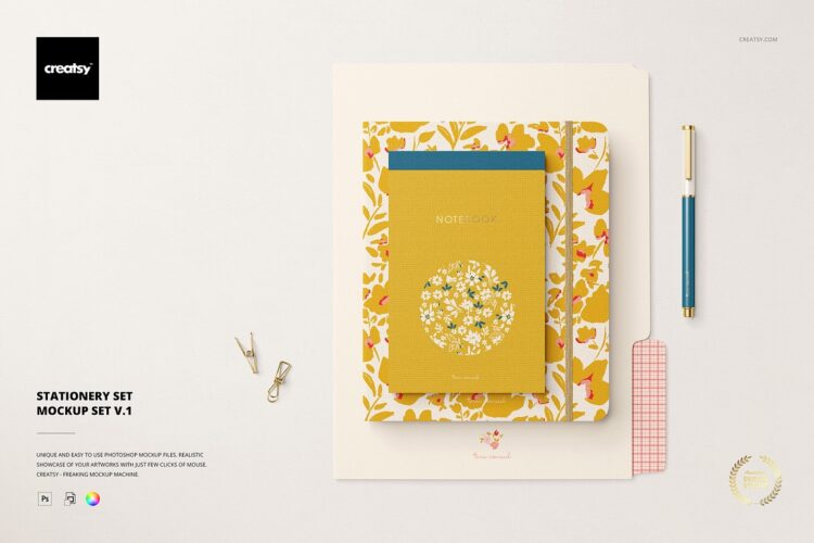 Stationery Set Mockup Set v.1 5款笔记本手账记事簿文件夹水笔文具设计展示效果图ps样机素材