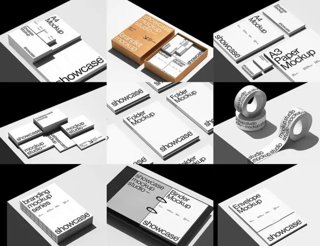 FF_Brandkit Mockup Bundle 名片信纸文件夹胶带封面文具品牌VI应用设计作品展示效果图ps样机