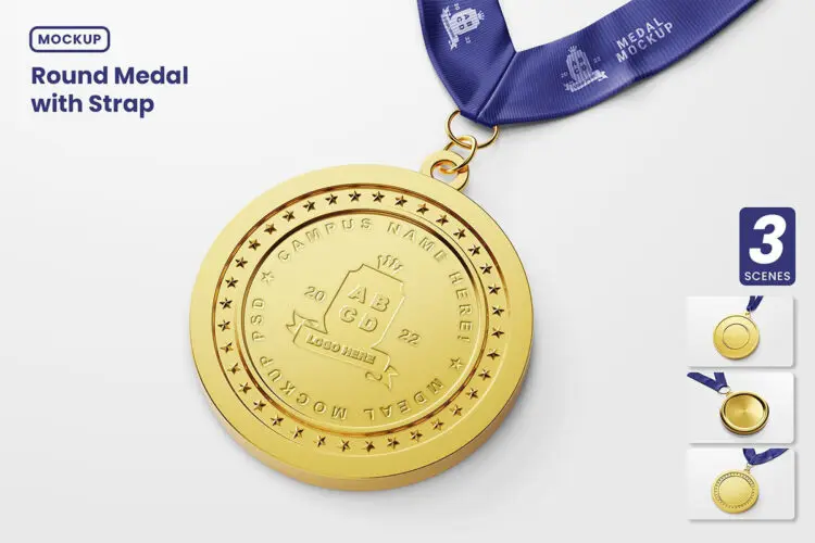 Round Medal with Strap Mockup Set 逼真带绑带的圆形金属奖章模型套装