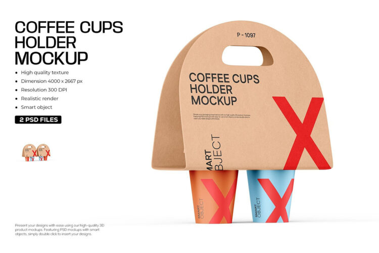 Takeaway Coffee Cup With Holder Mockup 手拎支架悬挂咖啡外卖纸盒模型品牌logo标识设计贴图psd样机素材