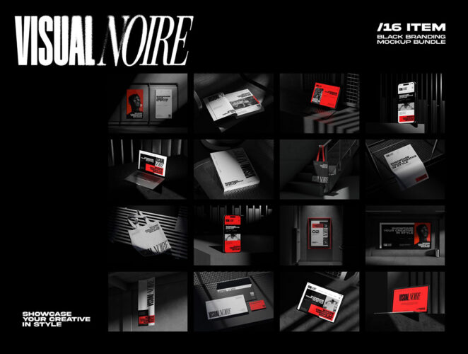 Visual Noire – Dark Style Branding Mockup Bundle 16款水泥工业风海报文具拎袋数码VI应用设计贴图ps样机素材合集