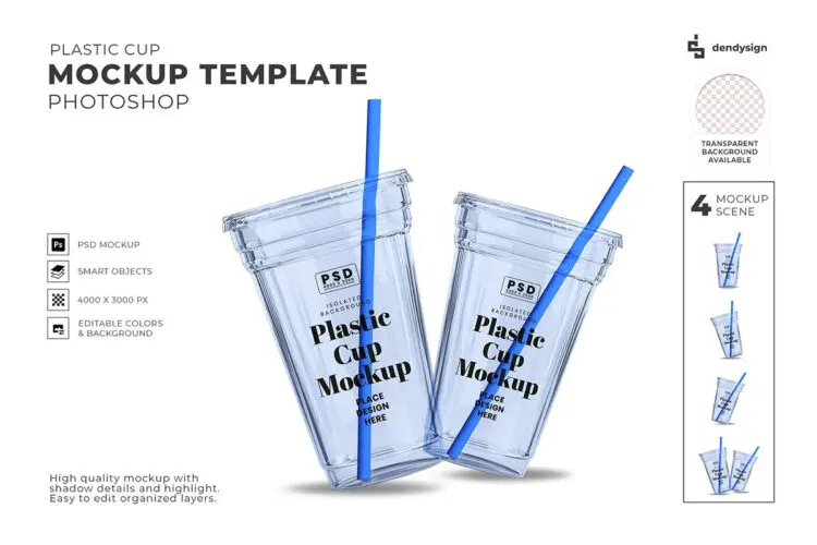 Plastic Cup with Straw Mockup Template 一次性带吸管的透明塑料水杯饮料奶茶杯设计贴图ps包装样机国外设计素材