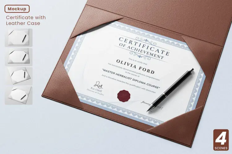 Certificate with Leather Case Mockup Set 逼真的 A4 证书纸和皮套模型展示套装