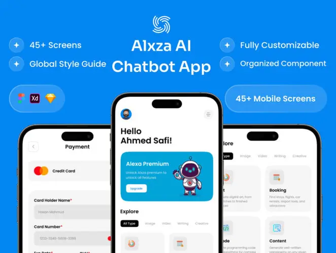 Alxza – AI Chatbot App UI Kit 适用于 iOS 和 Android 聊天机器人应用程序 UI 套件