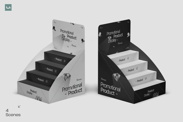 Product Promotion Display Mockup 004 4款促销阶梯展台商品展架模型展示设计贴图psd样机素材