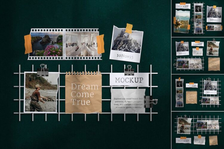 Photography Moodboard Mockup Set 5款照片撕纸情绪故事摄影作品板模型展示设计贴图psd样机素材