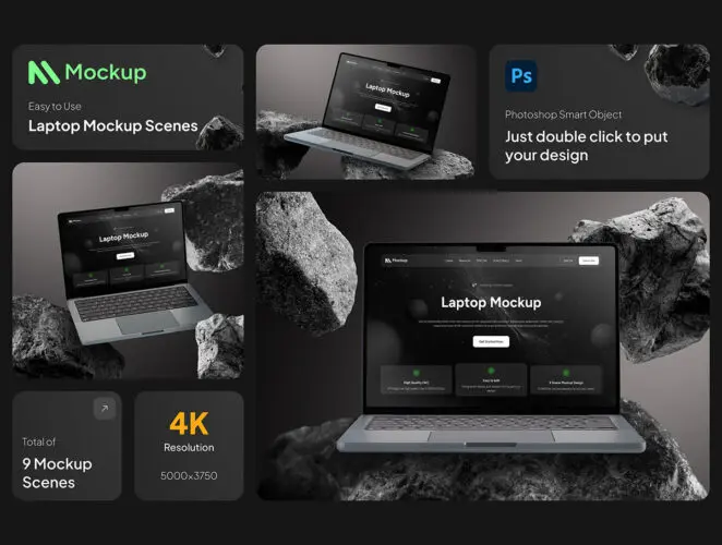 Laptop Mockup Screen Collection 岩石背景苹果电脑笔记本屏幕ui作品展示设计贴图ps样机素材