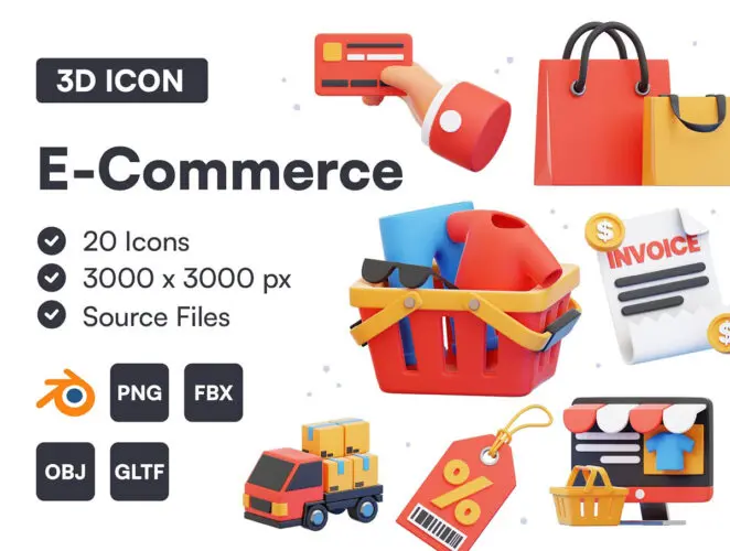 20 E-Commerce 3D Icon Set 20款电子商务卡通电商购物大促创意3D立体icon图标设计素材源文件