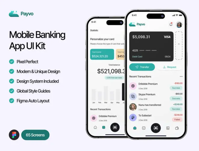 Payvo – Mobile Banking App 65+屏手机银行应用程序金融理财管理用户界面app设计UI套件