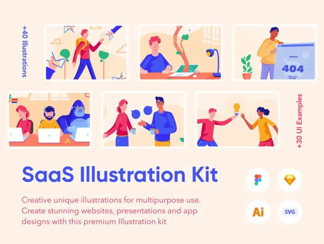 SaaS Illustration Kit 40+款SaaS元素职场办公工作卡通创意人物UI界面设计Figma/Ai/Png格式素材