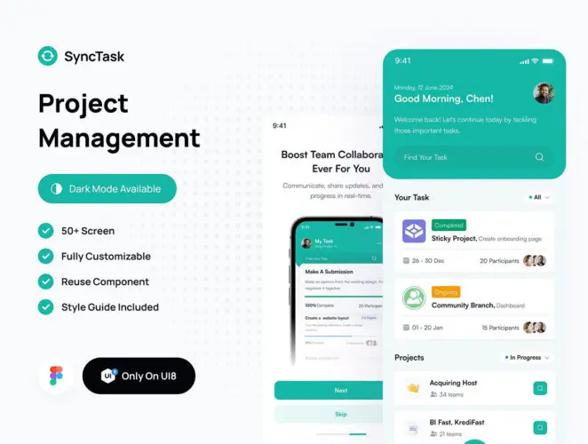 TokoDesign – SyncTask Project Management App UI Kit 双配色50屏项目管理团队协作任务进度跟踪效率App应用ui设计模版