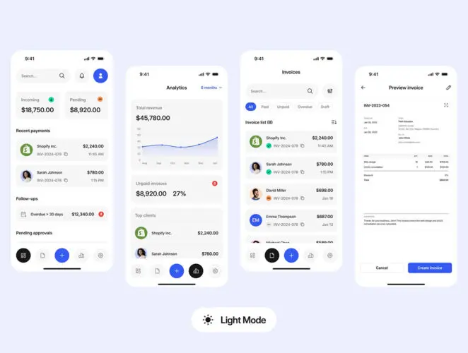InvoicePro – Mobile SaaS Application 双配色专业电子发票收据小票管理移动 SaaS 应用程序设计ui套件模板
