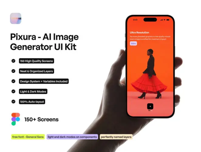 Pixura – AI Image Generator UI Kit 150多屏AI图像生成器应用程序UI套件