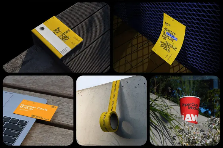 Branding Identity Mockups RAW Series 04 7款纸杯包袋名片胶带书本传单模型品牌标识设计贴图psd样机素材