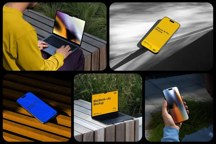 Digital Devices Branding Mockups / RAW Series-2 8款智能手机电脑设备模型户外场景展示用户界面作品设计贴图psd样机素材