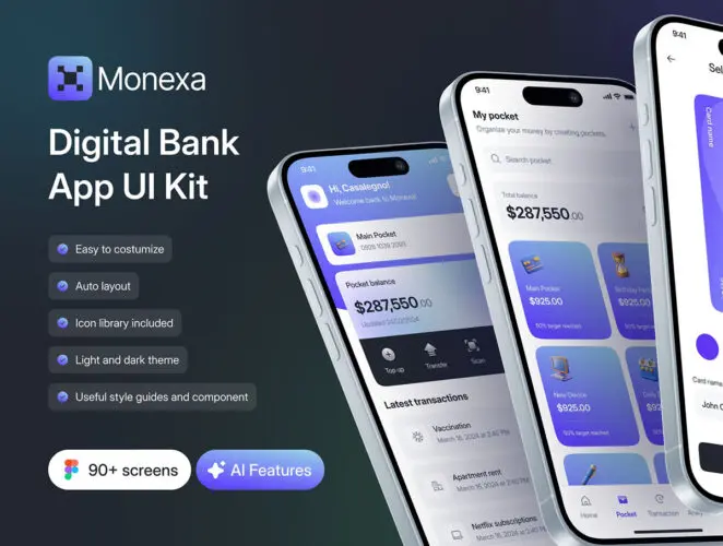 Monexa – Digital Bank App UI KIT 90+屏双配色AI人工智能电子钱包金融财务理财app ui界面设计figma模板套件
