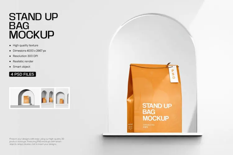 4款直立纸袋食品包装模型品牌logo标识设计贴图psd样机素材 Stand-up Paper Bag Mockup For Food Packaging