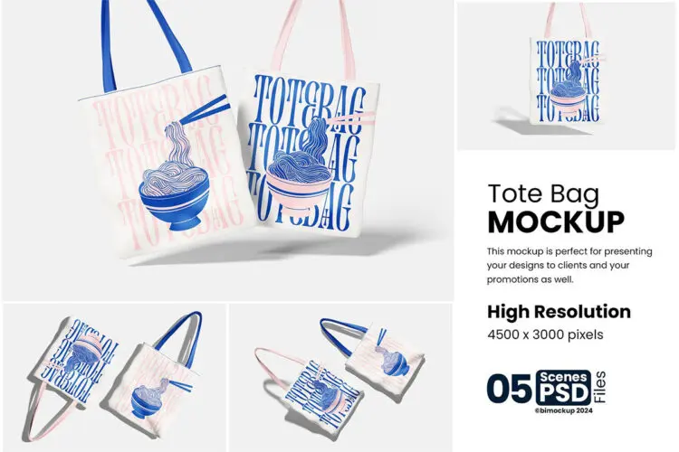 5款手提袋帆布袋拎袋亚麻织物模型品牌标识设计贴图psd样机素材 Tote Bag Mockup