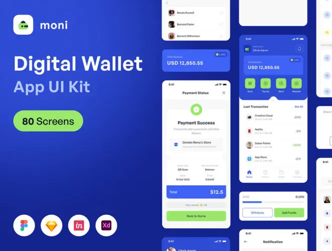 80屏数字货币手机钱包支付管理用户界面app设计ui套件模板 Moni – Digital Wallet Apps UI KIT