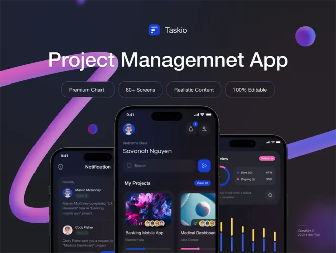 双配色项目管理团队任务协作沟通平台app应用工具ui界面设计模板 Taskio – Project Managemnet Mobile UI Kit